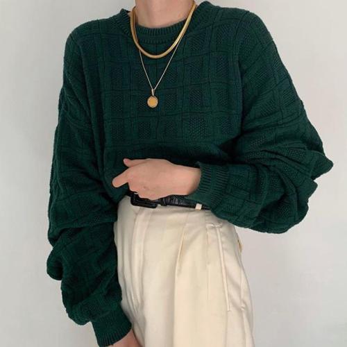 Casual Daily Dark Green Long Puff Sleeves Round Neck Sweater