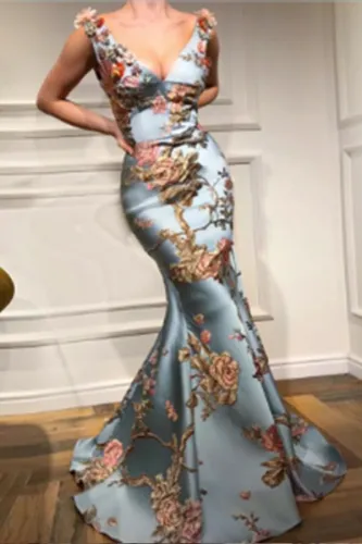 Sexy Deep V Collar Embroidery Floral Printed Fishtail Maxi Dress