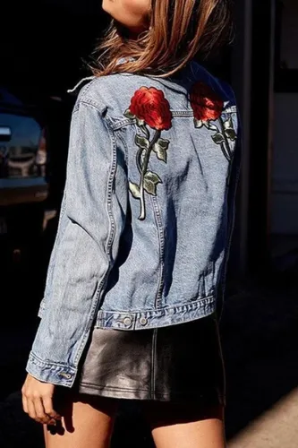 Flower Embroidered Denim Jacket Cover Ups