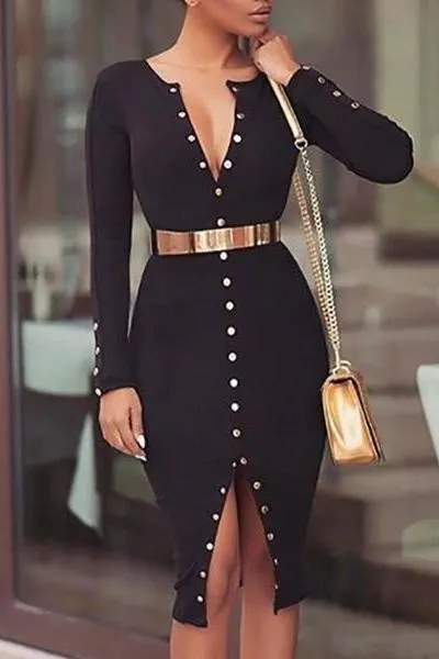Collarless  Single Breasted Slit  Plain Bodycon Dresses