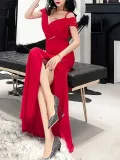 Fashion Elegant V Neck Pure Colour Sling Evening Dress