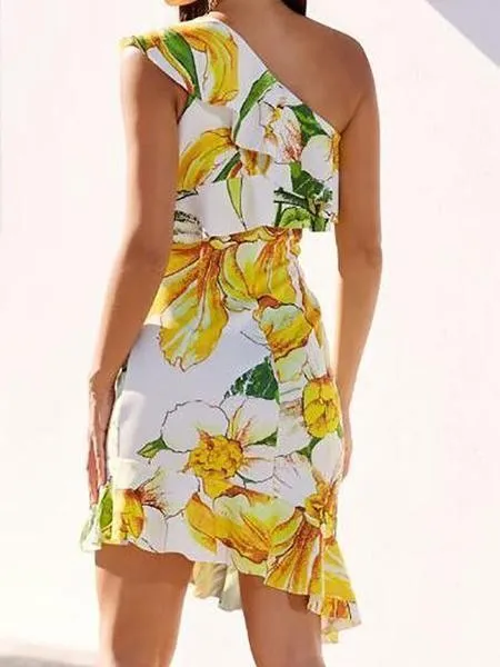Sexy Floral One Shoulder Sleeveless Irregular Ruffled Hem Bodycon Dress