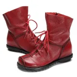 Big Size Pure Color Lace Up Ankle Leather Comfortable Zipper Boots