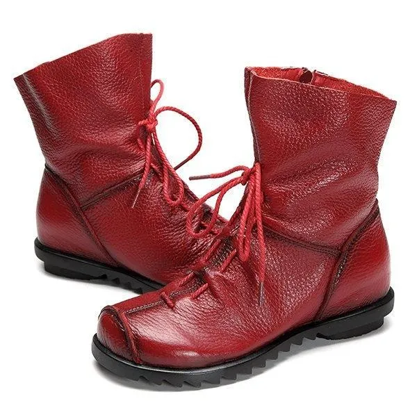 Big Size Pure Color Lace Up Ankle Leather Comfortable Zipper Boots
