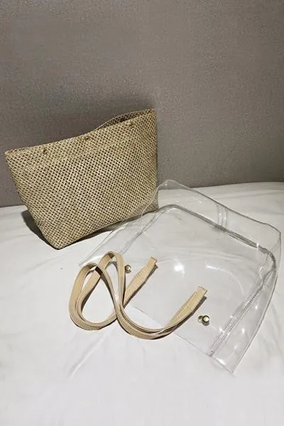 Women's Causal Snap PVC Woven Straw Tote Bag