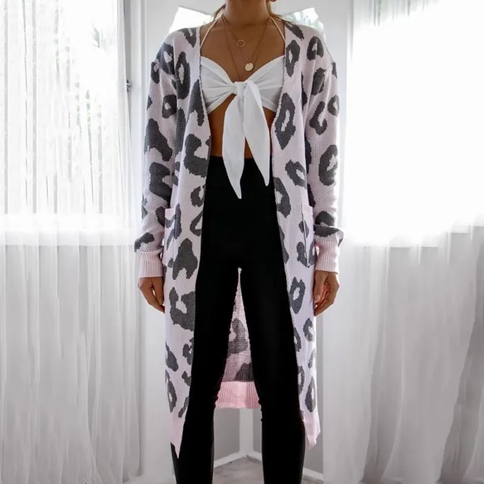 Women's Fashion Long Sleeve Printed Color Midi Knit Cardigan