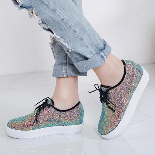 Casual Brisk Paillette Lace-Up Wedges Heels Sneakers