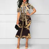 Fold-Over Collar  Abstract Print Bodycon Dress