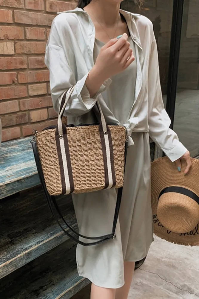Women's Beach Pull Rope Woven Straw Sling Bag Handbag