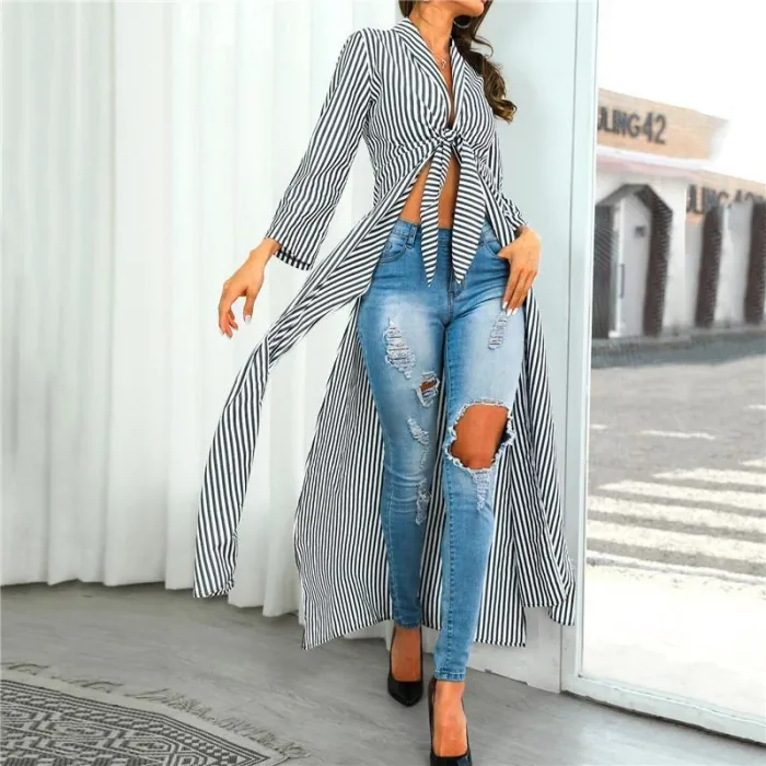 Sexy Striped Bow Long Sleeve Long Cardigan