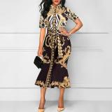 Fold-Over Collar  Abstract Print Bodycon Dress
