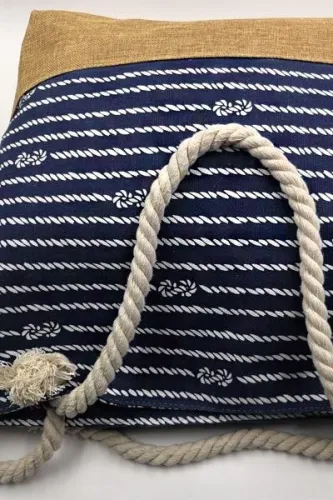 Women's Beach Casual Striped Zipper Canvas Tote Bag