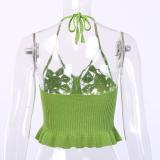 Women Crochet Knit Openwork Hanging Neck Sexy Sweater