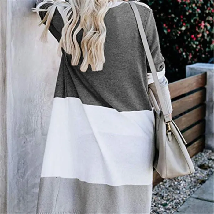 Large Size Stitching Striped Knit Loose Sweater Cardigan Coat