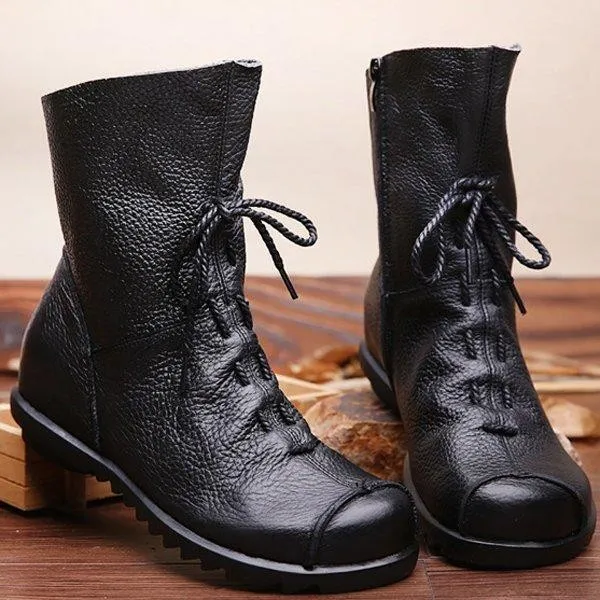 Big Size Pure Color Lace Up Ankle Leather Comfortable Zipper Boots