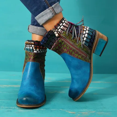 Women Round Toe All Season Lace-Up Casual Chunky Heel Pu Ankel Boots