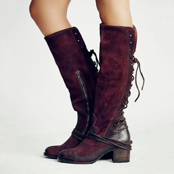 Women Vintage Lace Up Boots European Style Bandage Above Knee Boots