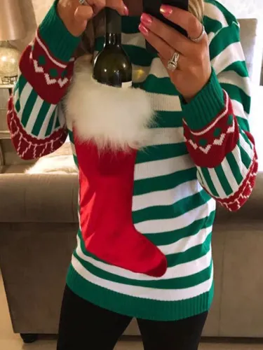 Chirstmas Green Striped Knitted Crew Neck Long Sleeve Sweaters