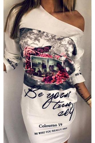 One Shoulder  Letters Printed  Long Sleeve Bodycon Dresses