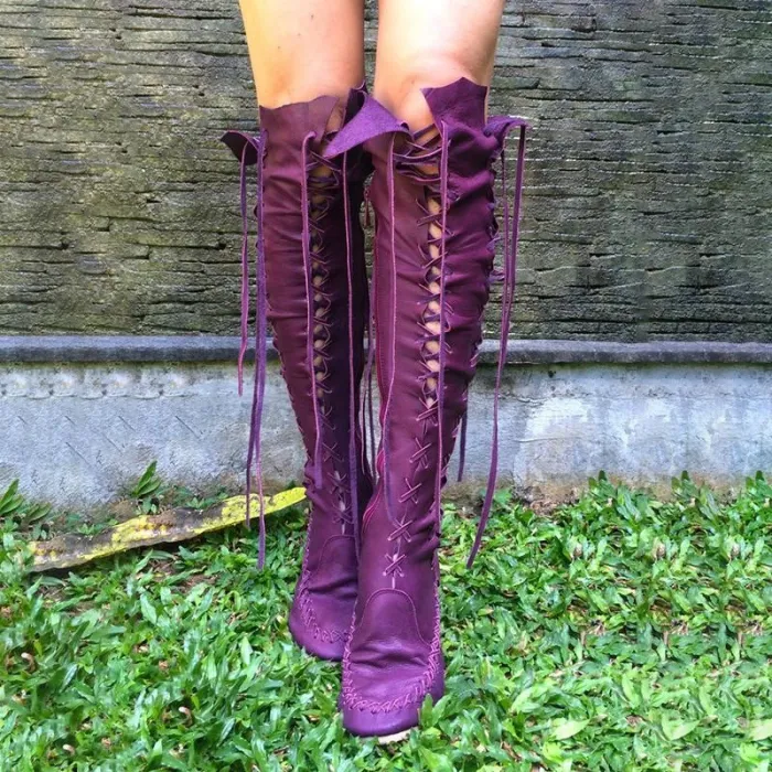 Women PU Booties Casual Lace Up Knee Length Flat Shoes