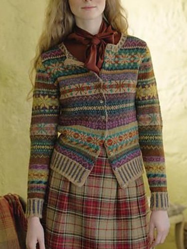 Color-Block Tribal Casual Long Sleeve Women's Cardigan