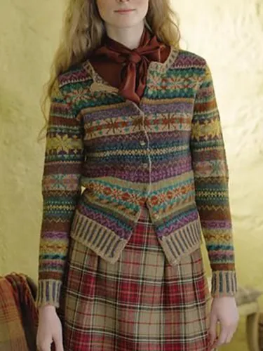Color-Block Tribal Casual Long Sleeve Women's Cardigan