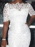 Sexy Short Sleeve Boat Neck Lace Evening Dress