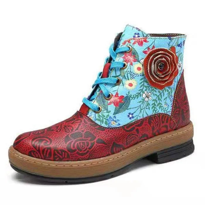 Ethnic style flower flat with zipper boots