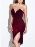 Sexy Deep V Pure Colour Velvet Slit Slim Evening Dress