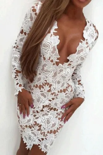 Deep V Neck  Hollow Out Lace Plain Bodycon Dresses