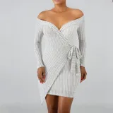 Casual Sexy V Neck Off   The Shoulder Knitted Sweater Mini Dresses