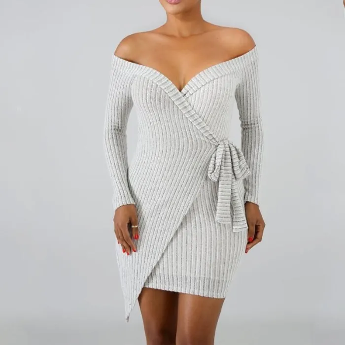 Casual Sexy V Neck Off   The Shoulder Knitted Sweater Mini Dresses