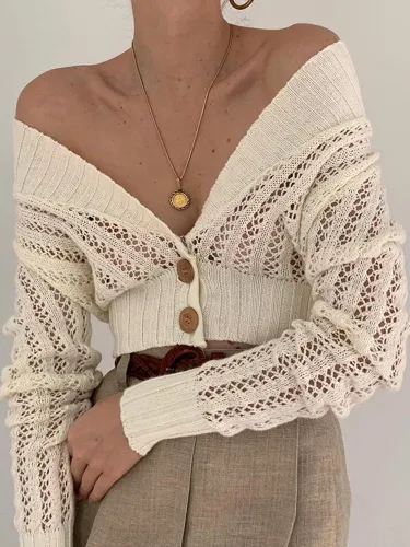 Sexy Solid Color Deep V Openwork Top