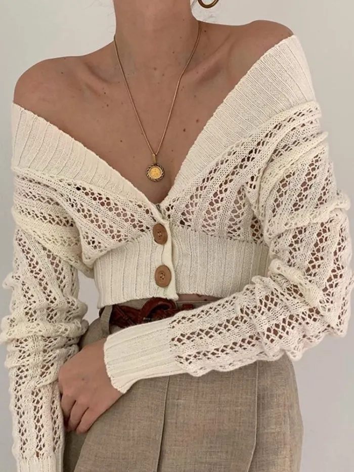 Sexy Solid Color Deep V Openwork Top