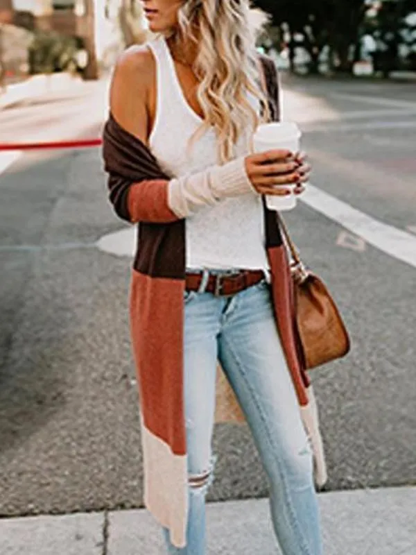 Fashion Color Block Long Sleeve Cardigans