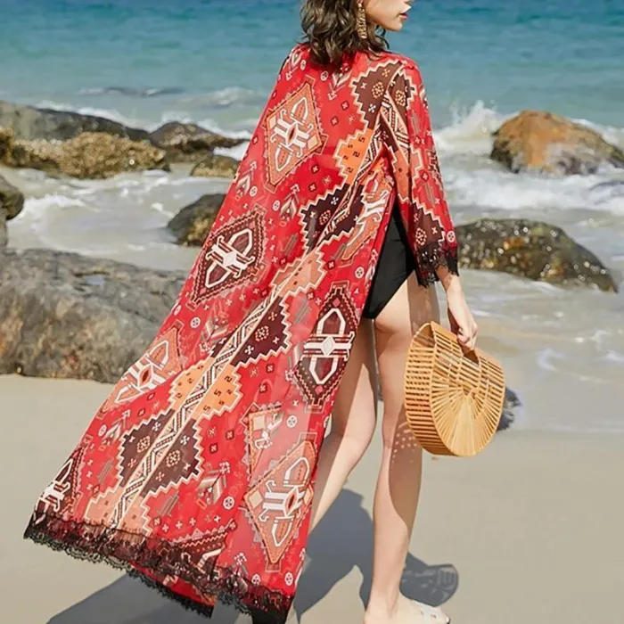 Lace Splicing Chiffon Long Suntan Cardigan