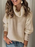 Plain Turtleneck Buttoned Casual Sweaters