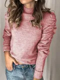 Stand Collar Paneled Long Sleeve Shirred Sweaters