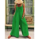 Casual Solid Sleeveless Spaghetti Jumpsuit Wide Leg Pants
