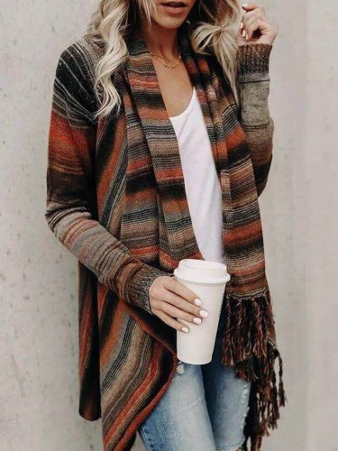 Long Sleeve Knitted Fringed Striped Sweaters
