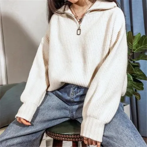 Ladies Fashion Half Zip Apricot White Knit Sweater