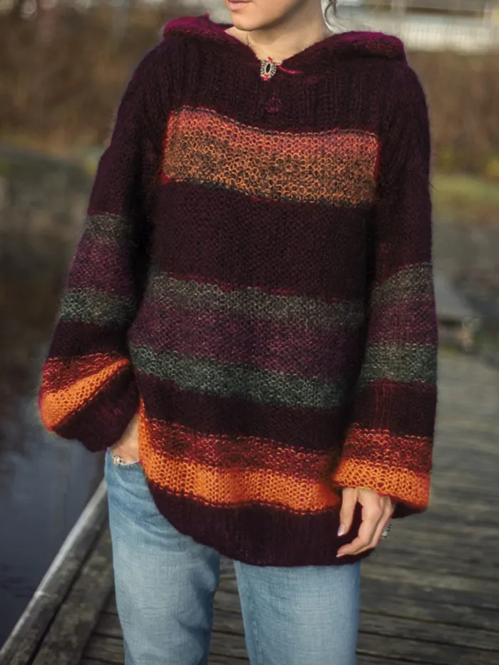 Color-Block Striped Hooded Women's Sweaters