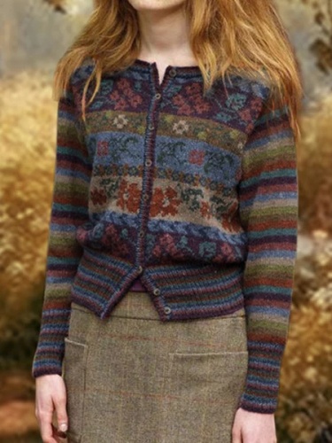 Vintage Long Sleeve Buttoned Floral Women's Cardigan