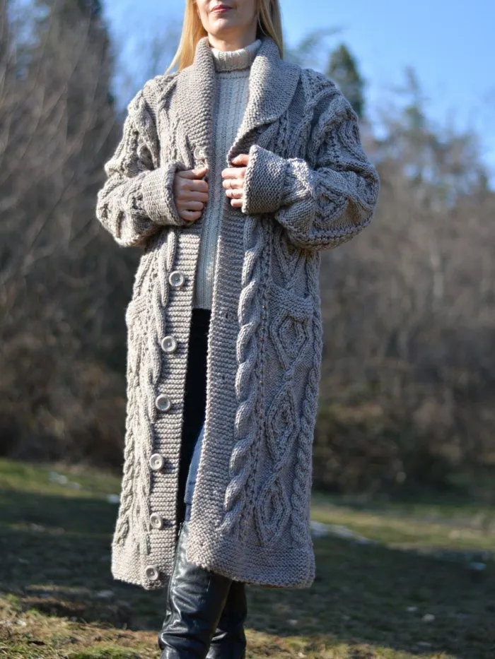 Grey Long Sleeve Knitted Buttoned plus size Outerwear