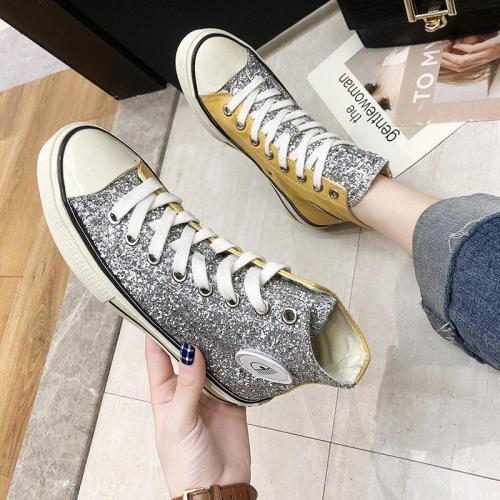 Trendy Fashion Wild Sequins Crystal Color Matching High Canvas Shoes