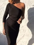 Sexy Plain Single Long Sleeve Lace-Up Bodycon Dress