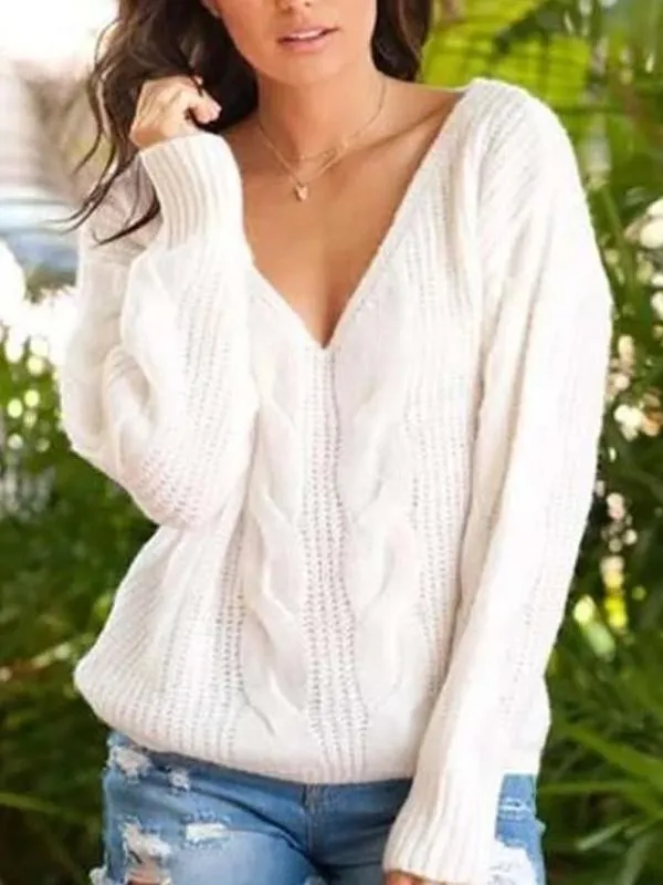 Twisted V-Neck Sweater Pullover Sweater