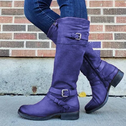Women Plus Size Riding Boots Zipper Low Heel Faux Leather Boots