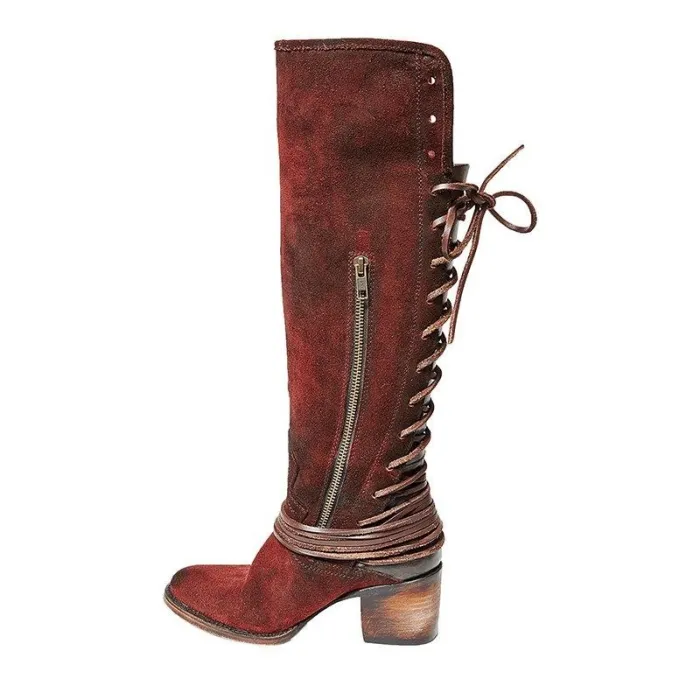 Women Vintage Lace Up Boots European Style Bandage Above Knee Boots