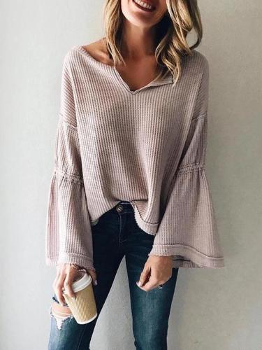 European And American Style V Neck Long Sleeve Pure Colour Sweater